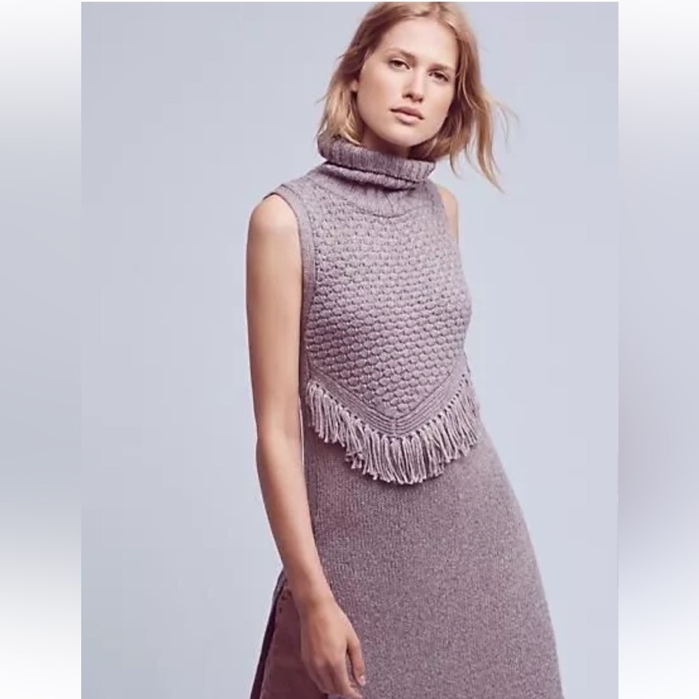 Anthropologie Nomad Morgan Carper Gray‎ Vesper Fringe Turtleneck Knit TunicDress